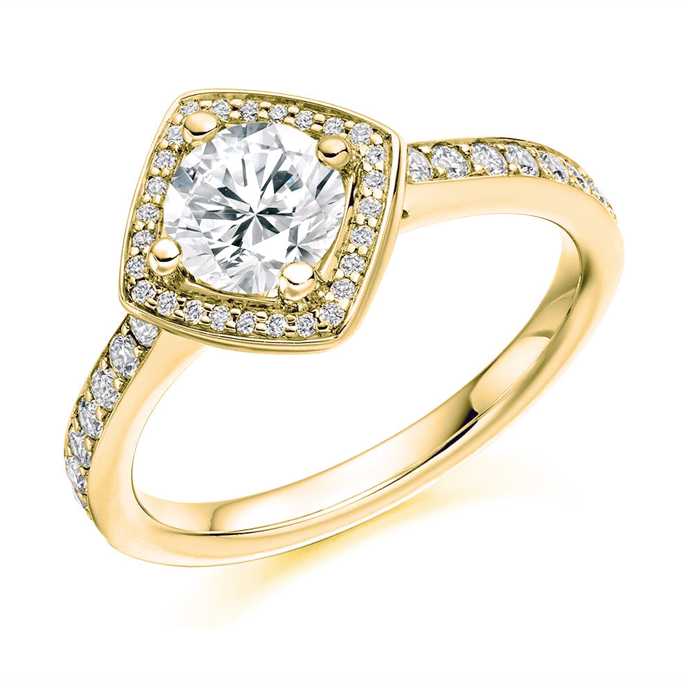 Pavé-Shoulder Halo Round-Brilliant Engagement Ring, 0.75ct (ENG4030 SMT) in Yellow Gold