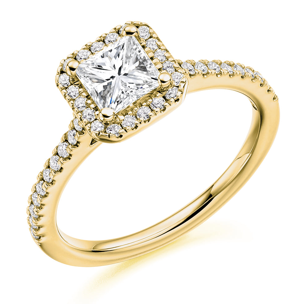 Pavé-Shoulder Halo Princess-Cut Engagement Ring, 0.5ct (ENG4038 SMT) in Yellow Gold