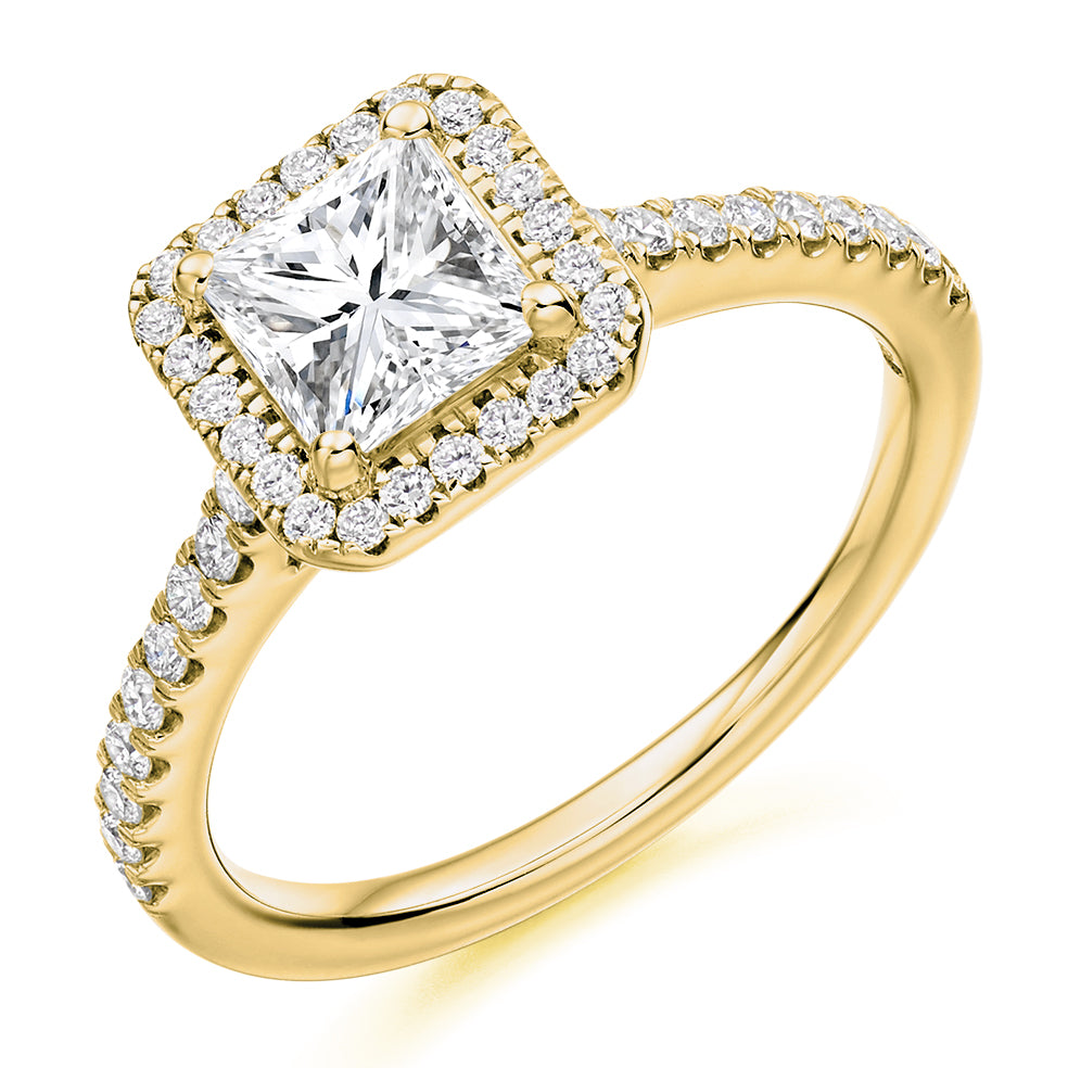 Pavé-Shoulder Halo Princess-Cut Engagement Ring, 1.0ct (ENG4040 SMT) in Yellow Gold