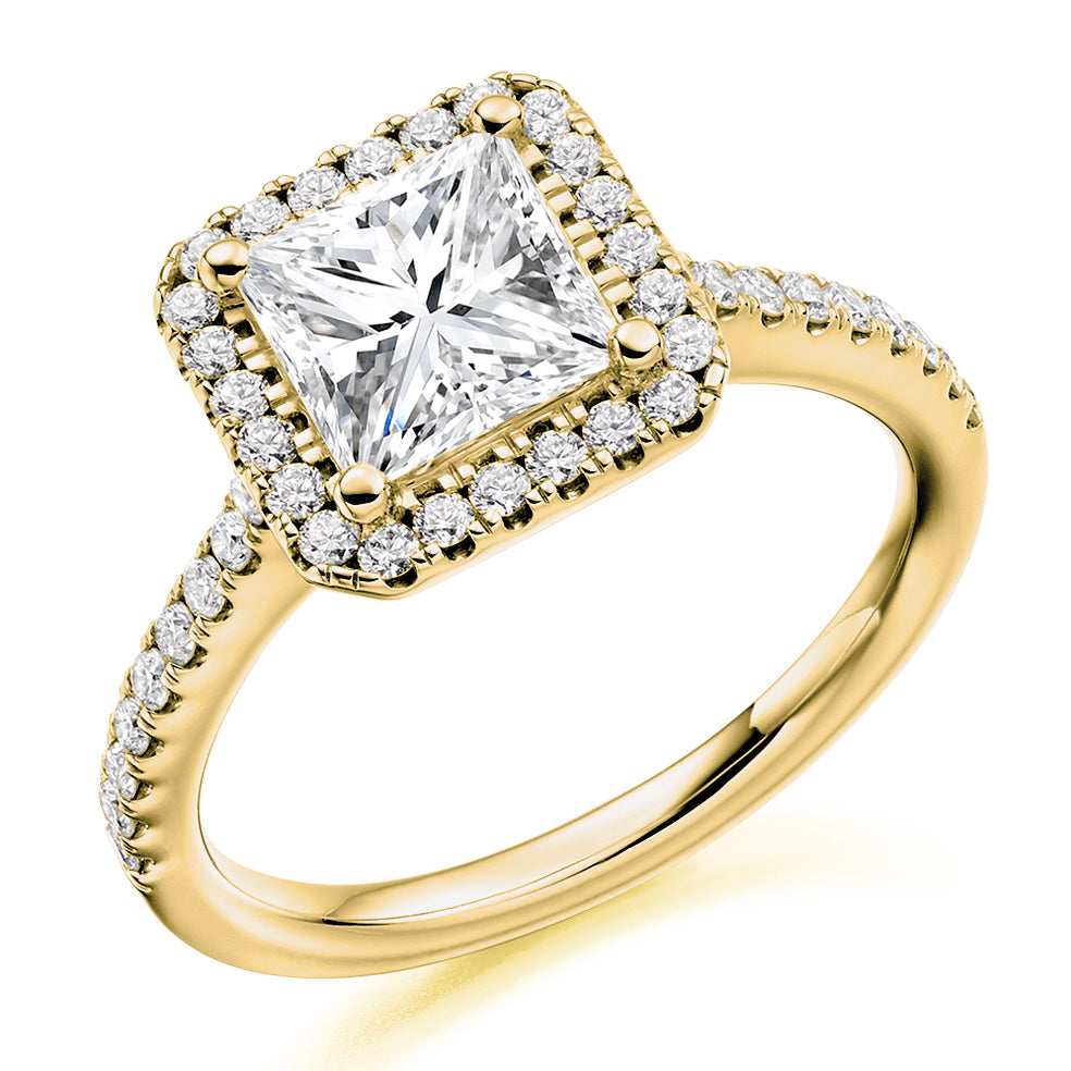 Pavé-Shoulder Halo Princess-Cut Engagement Ring, 1.5ct (ENG4041 SMT) in Yellow Gold