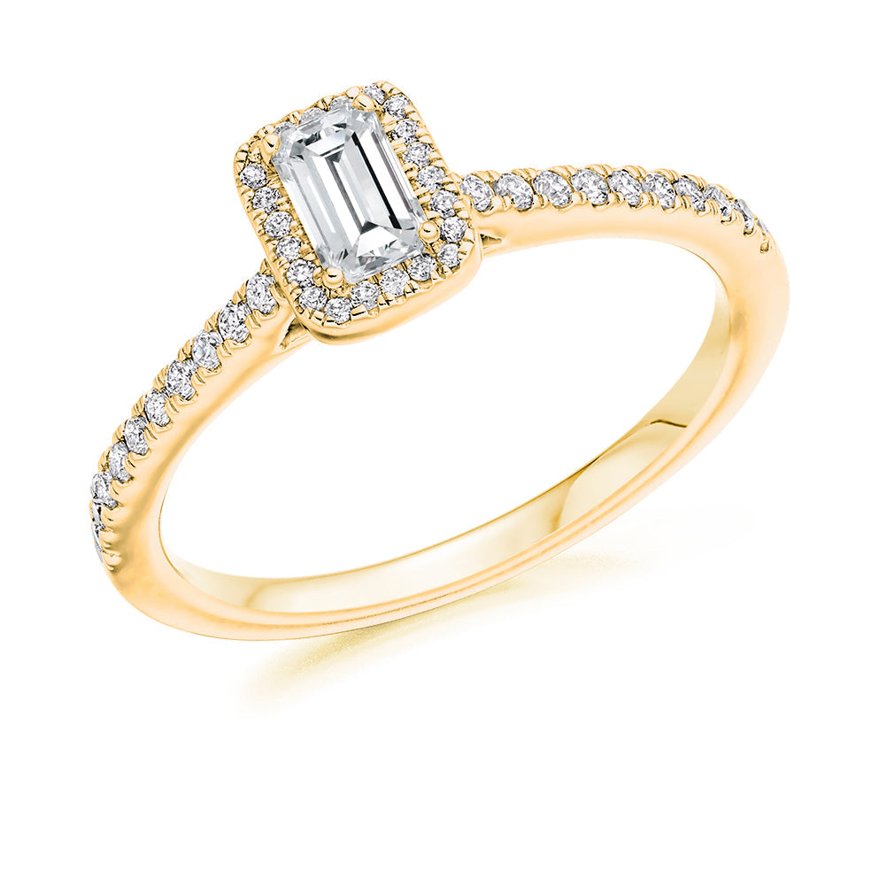 Classic Halo Emerald Cut Engagement Ring in Yellow Gold