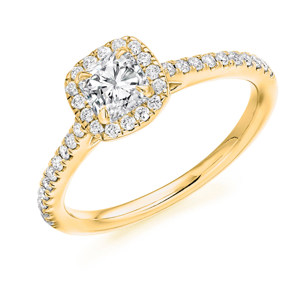 Classic Halo Cushion Cut Engagement Ring, 0.35ct in Yellow Gold