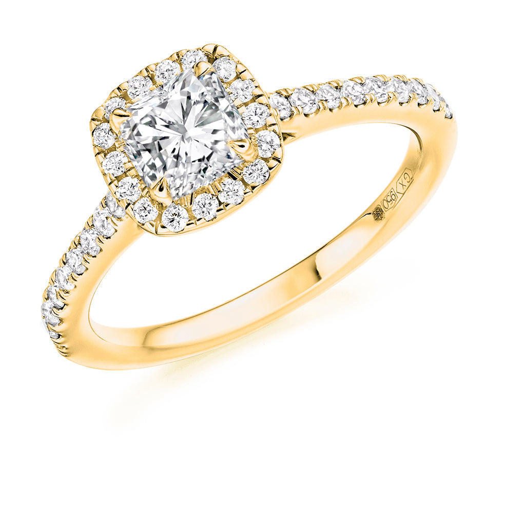 Diamond-Shouldered Halo Cushion Cut Engagement Ring 0.85ct in Yellow Gold