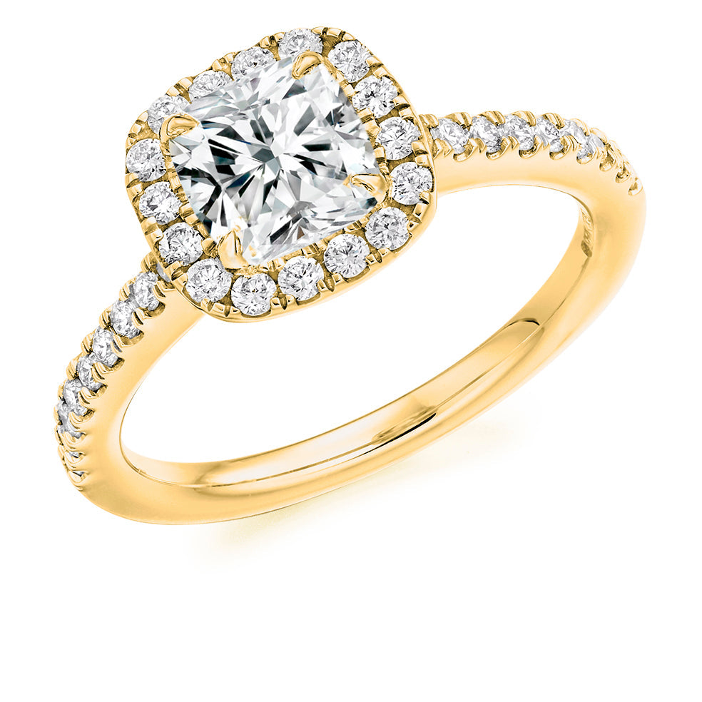 Diamond-Shouldered Halo Cushion Cut Engagement Ring, 1.0ct in Yellow Gold