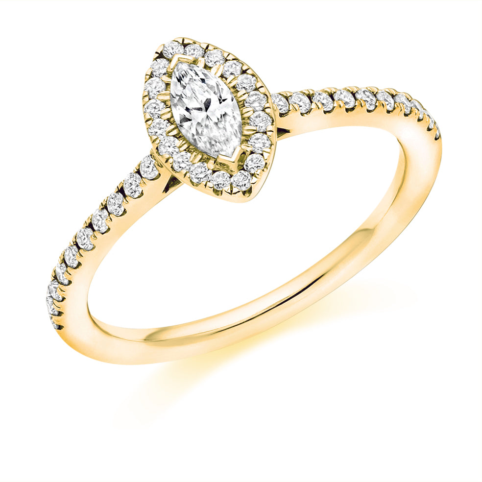 Pavé-Shoulder Halo Marquise-Cut Engagement Ring, 0.25ct in Yellow Gold