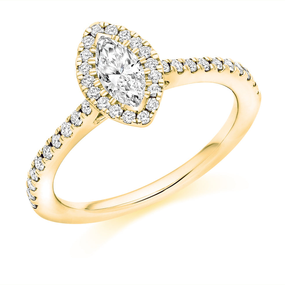 Pavé-Shoulder Halo Marquise-Cut Engagement Ring, 0.33ct in Yellow Gold