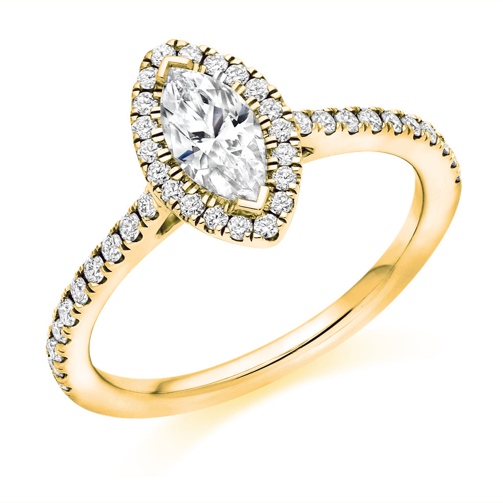 Pavé-Shoulder Halo Marquise-Cut Engagement Ring, 0.5ct in Yellow Gold