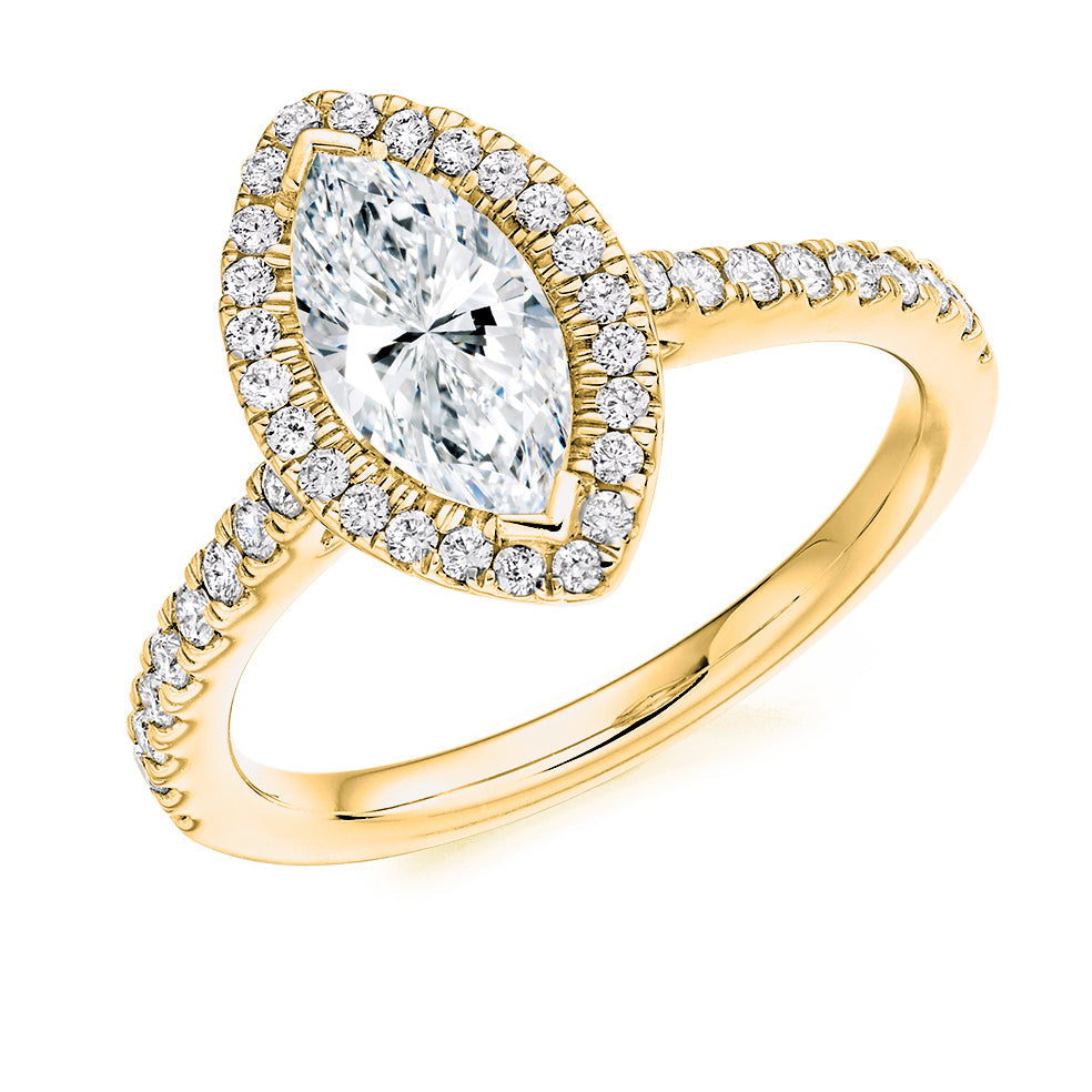 Pavé-Shoulder Halo Marquise-Cut Engagement Ring, 1.0ct in Yellow Gold
