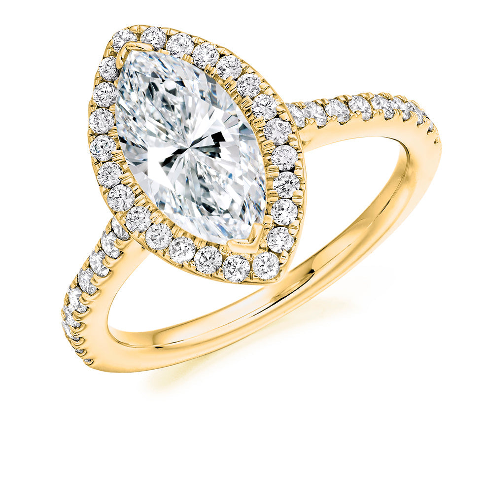 Pavé-Shoulder Halo Marquise-Cut Engagement Ring, 1.5ct in Yellow Gold