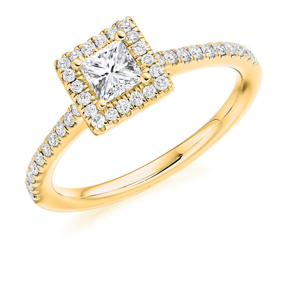 Pavé-Shoulder Halo Princess-Cut Engagement Ring, 0.4ct in Yellow Gold