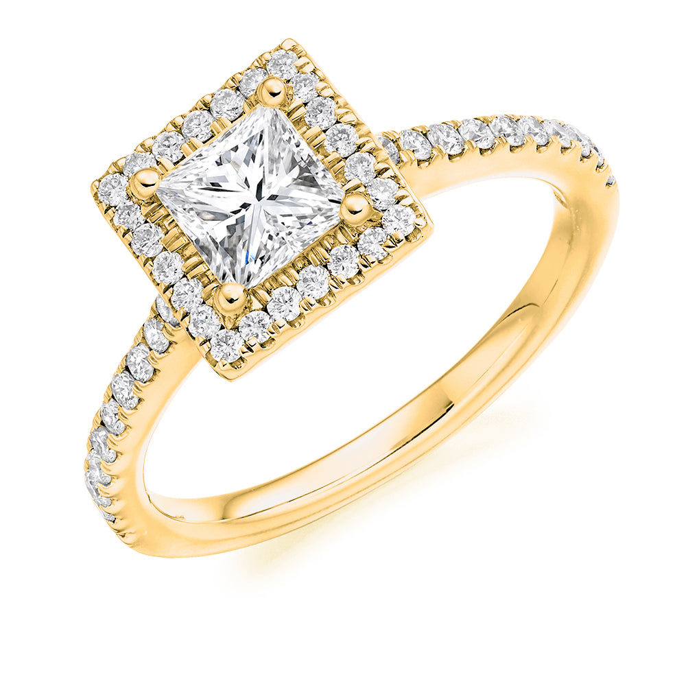 Pavé-Shoulder Halo Princess-Cut Engagement Ring, 0.75ct (ENG4196 SMT) in Yellow Gold