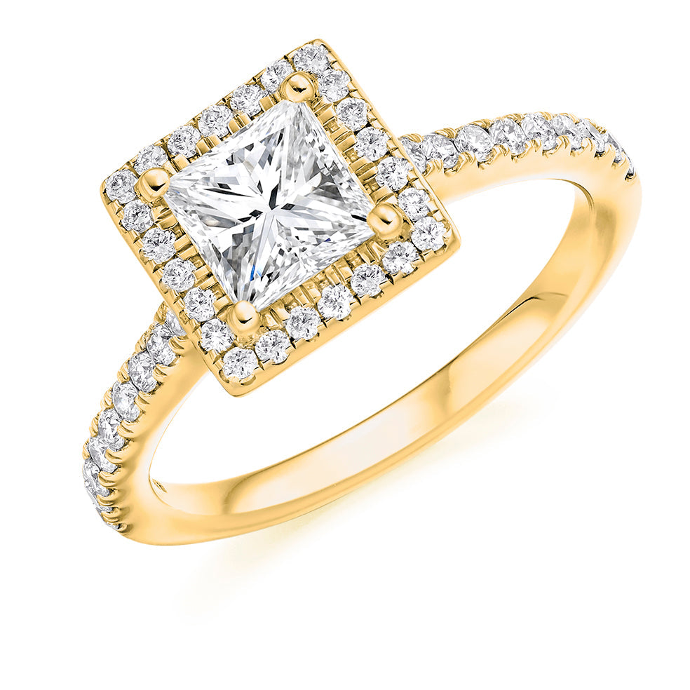 Pavé-Shoulder Halo Princess-Cut Engagement Ring, 1.0ct (ENG4197 SMT) in Yellow Gold