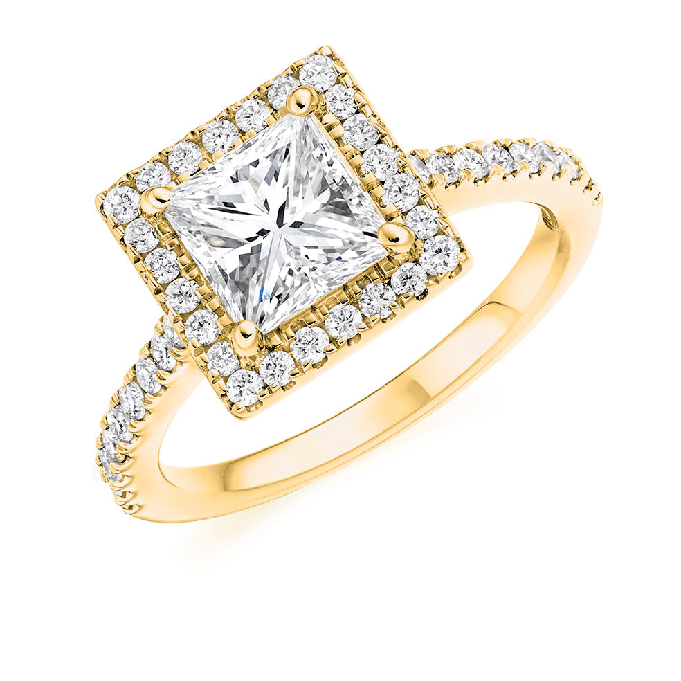 Pavé-Shoulder Halo Princess-Cut Engagement Ring, 1.5ct in Yellow Gold