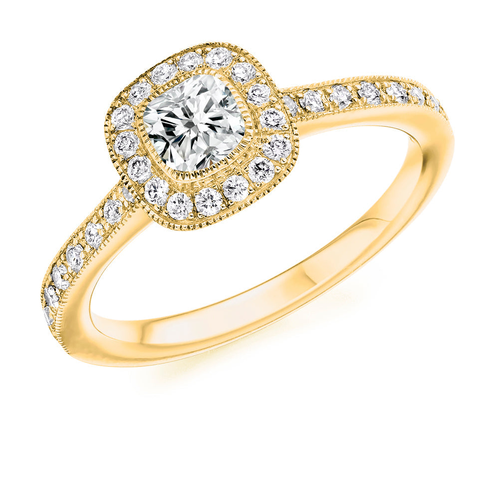Pavé-Shoulder Halo Cushion-Cut Engagement Ring, 0.35ct in Yellow Gold