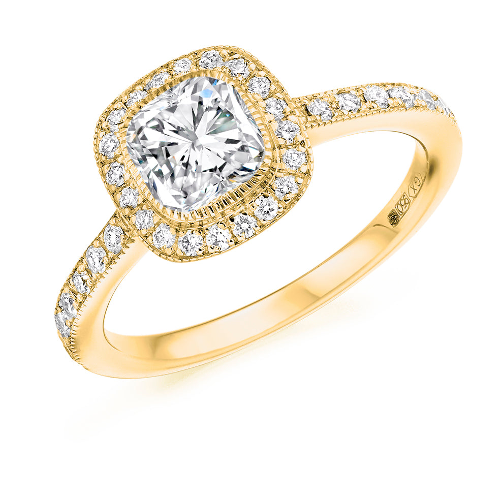 Rubover-Set Halo Cushion Cut Engagement Ring, 0.75ct in Yellow Gold