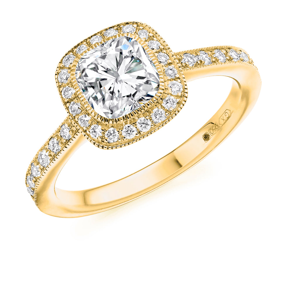 Rubover Halo Cushion Cut Engagement Ring, 1.0ct in Yellow Gold