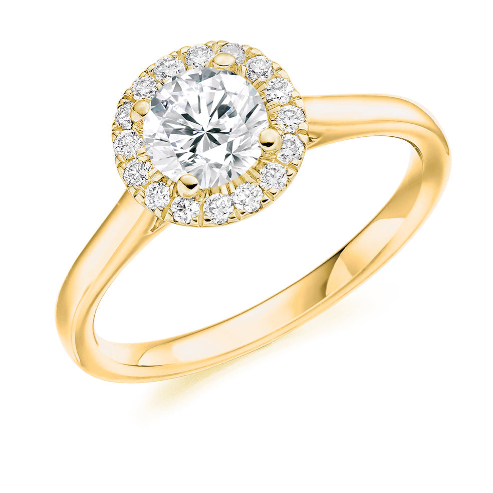 Plain-Shoulder Halo Round-Brilliant Engagement Ring, 0.75ct in Yellow Gold