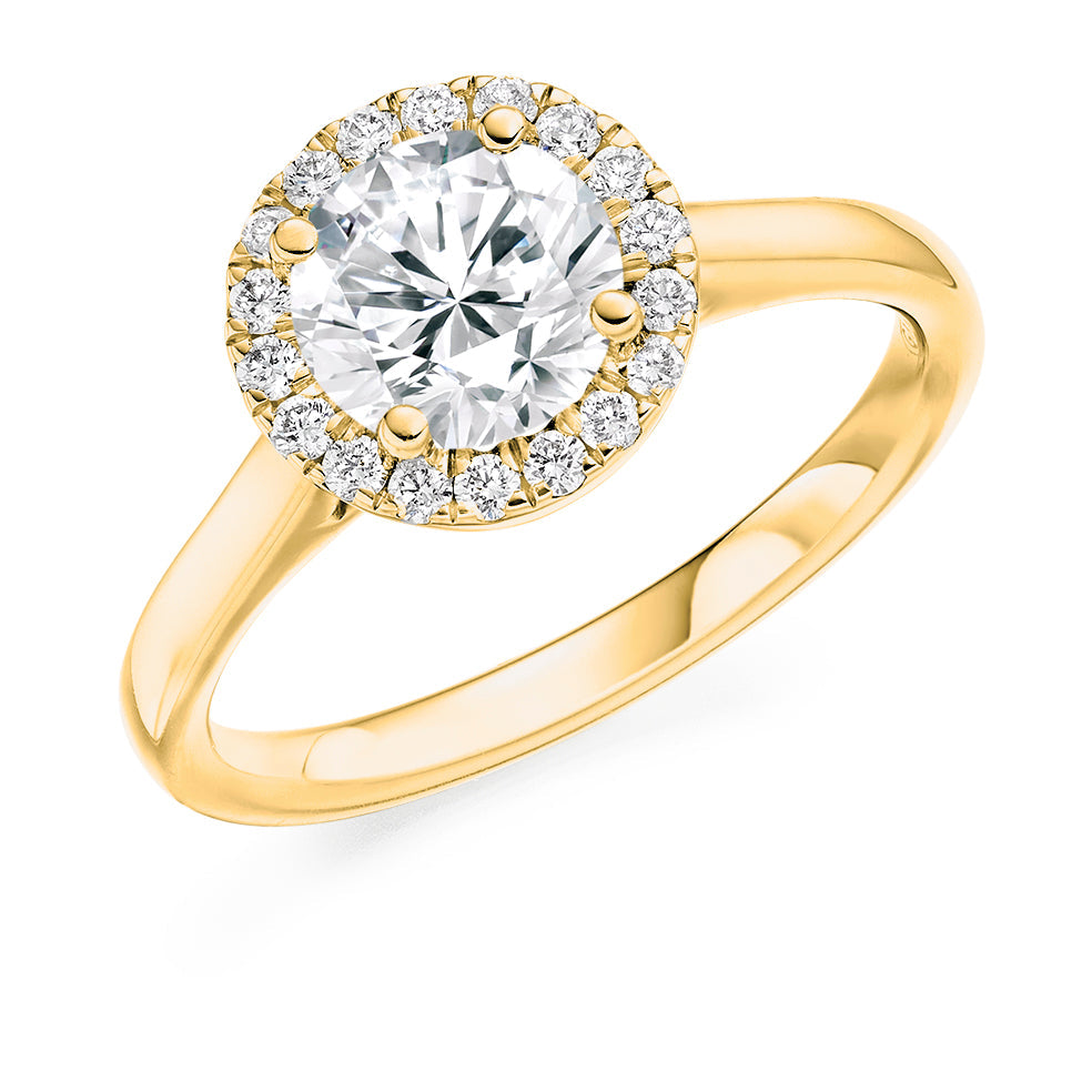 Plain-Shoulder Halo Round-Brilliant Engagement Ring, 1.0ct in Yellow Gold