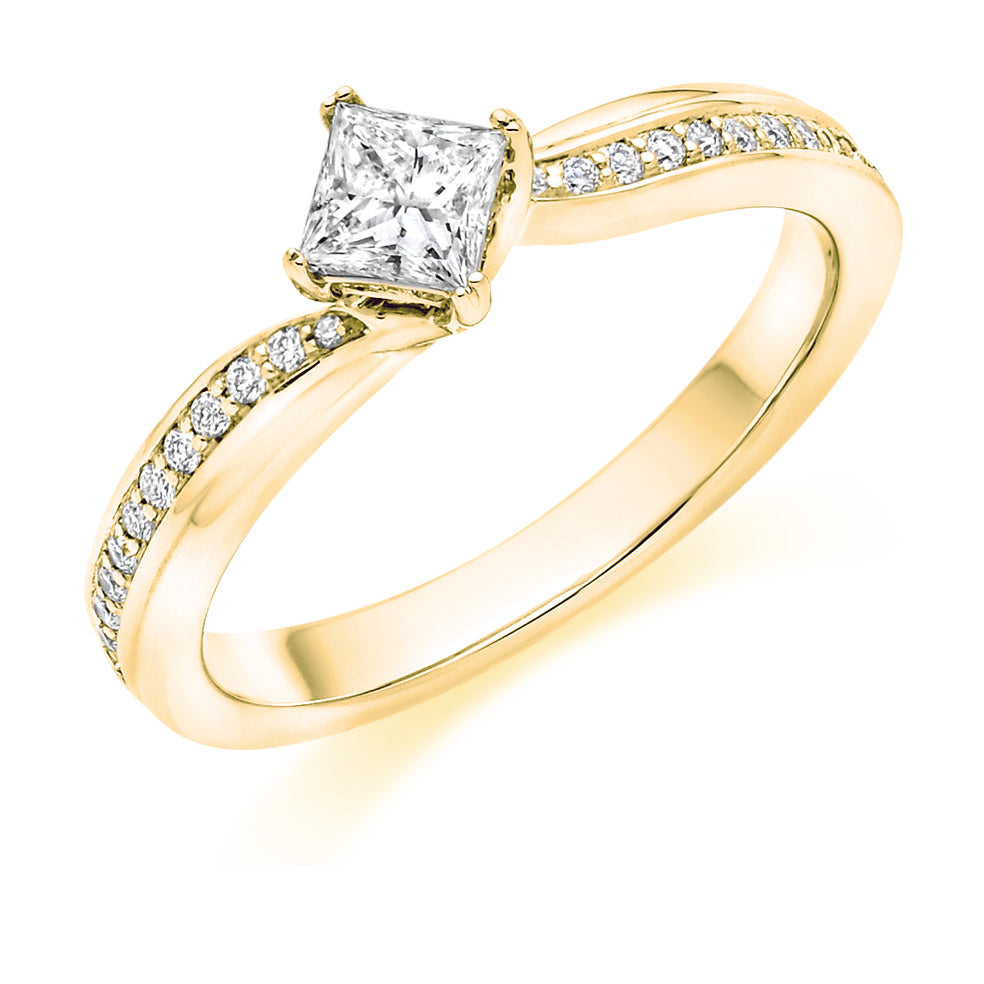 Pavé-Shouldered Solitaire Princess Cut Engagement Ring 0.53ct in Yellow Gold