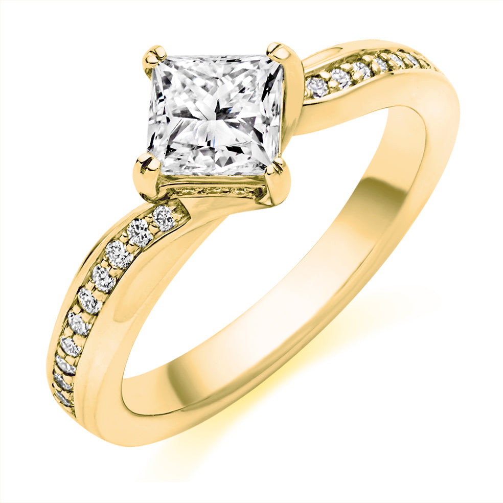 Fine Pavé Solitaire Princess Cut Engagement Ring 1.25ct in Yellow Gold