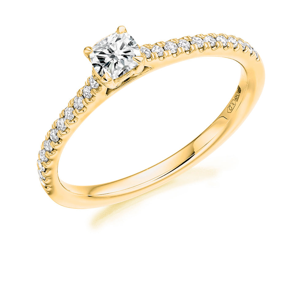 Accent-Shouldered Solitaire Cushion Cut Engagement Ring in Yellow Gold