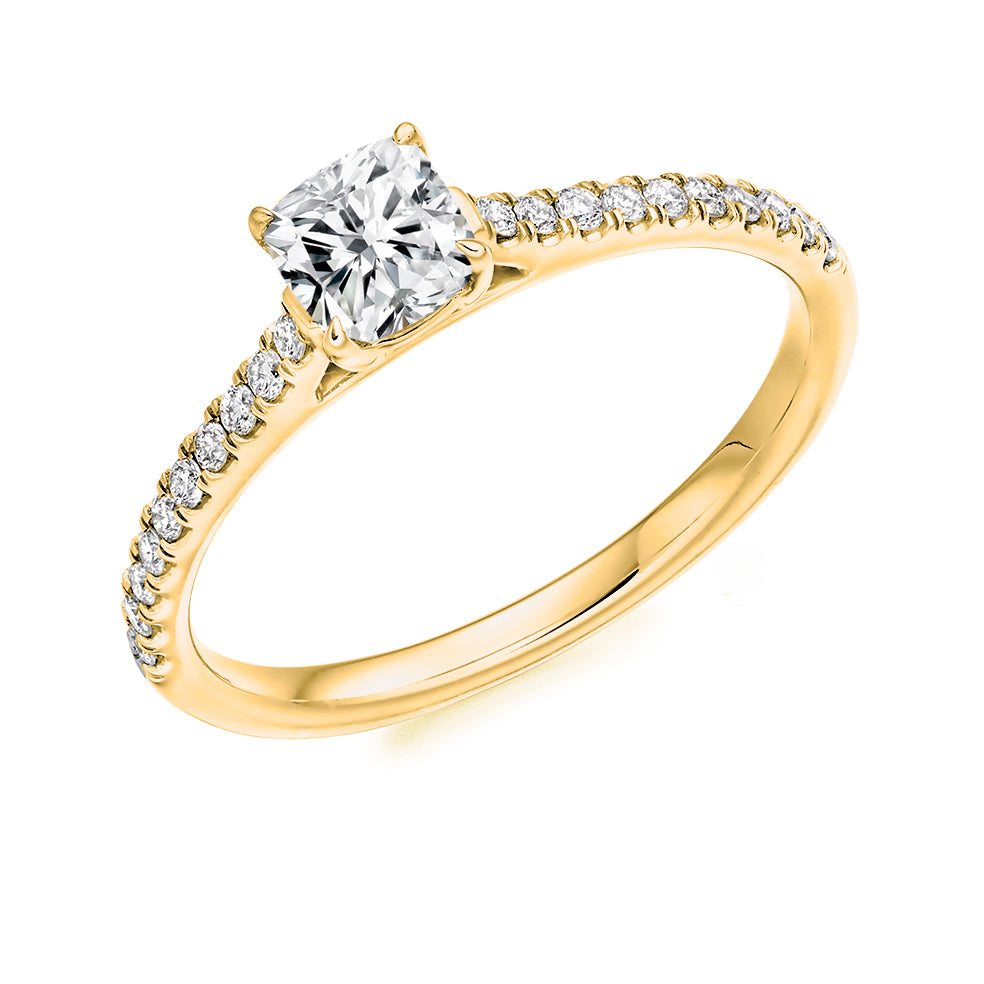 Diamond-Shouldered Solitaire Cushion Cut Engagement Ring in Yellow Gold