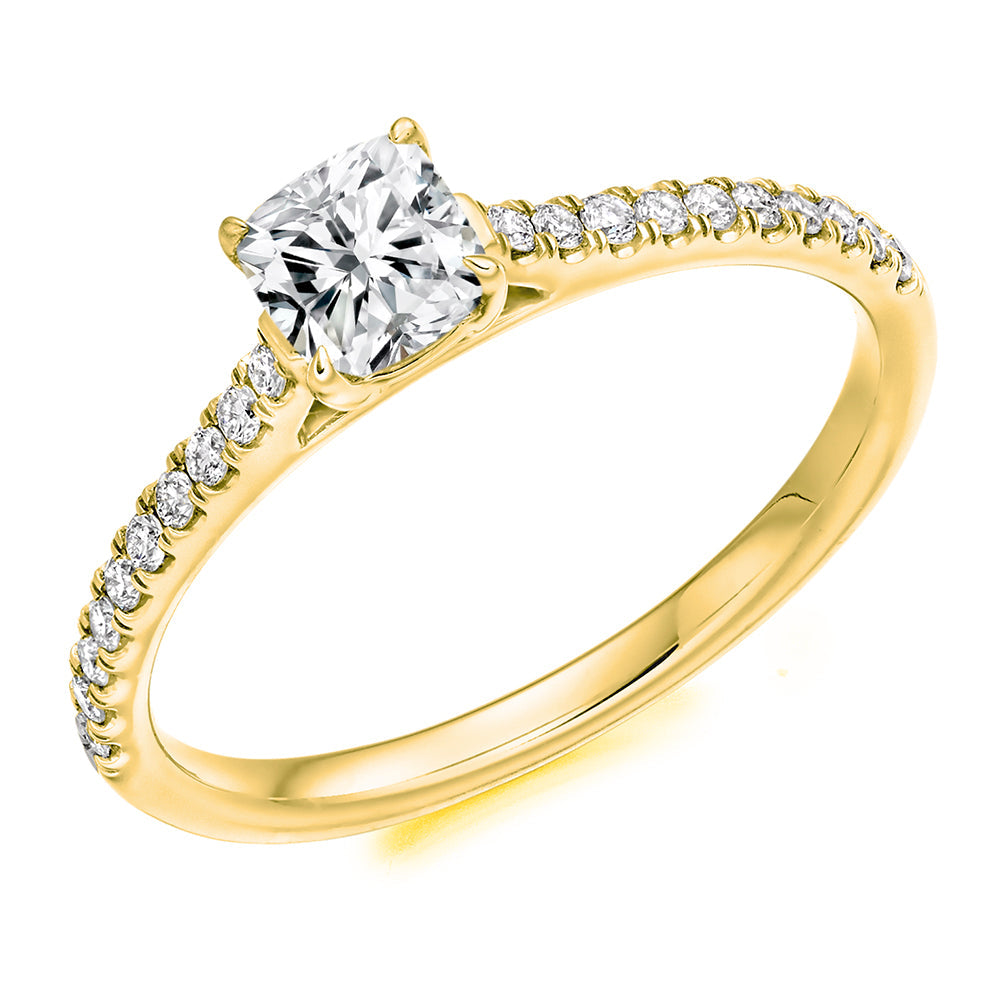 Diamond-Shouldered Solitaire Cushion Cut Engagement Ring, 0.5ct in Yellow Gold