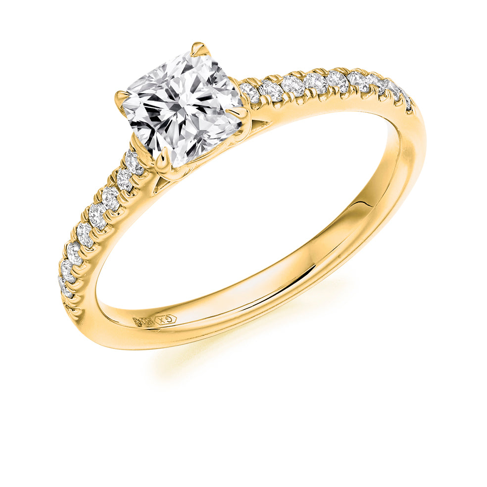 Solitaire with Diamond Shoulders Cushion Cut Engagement Ring in Yellow Gold