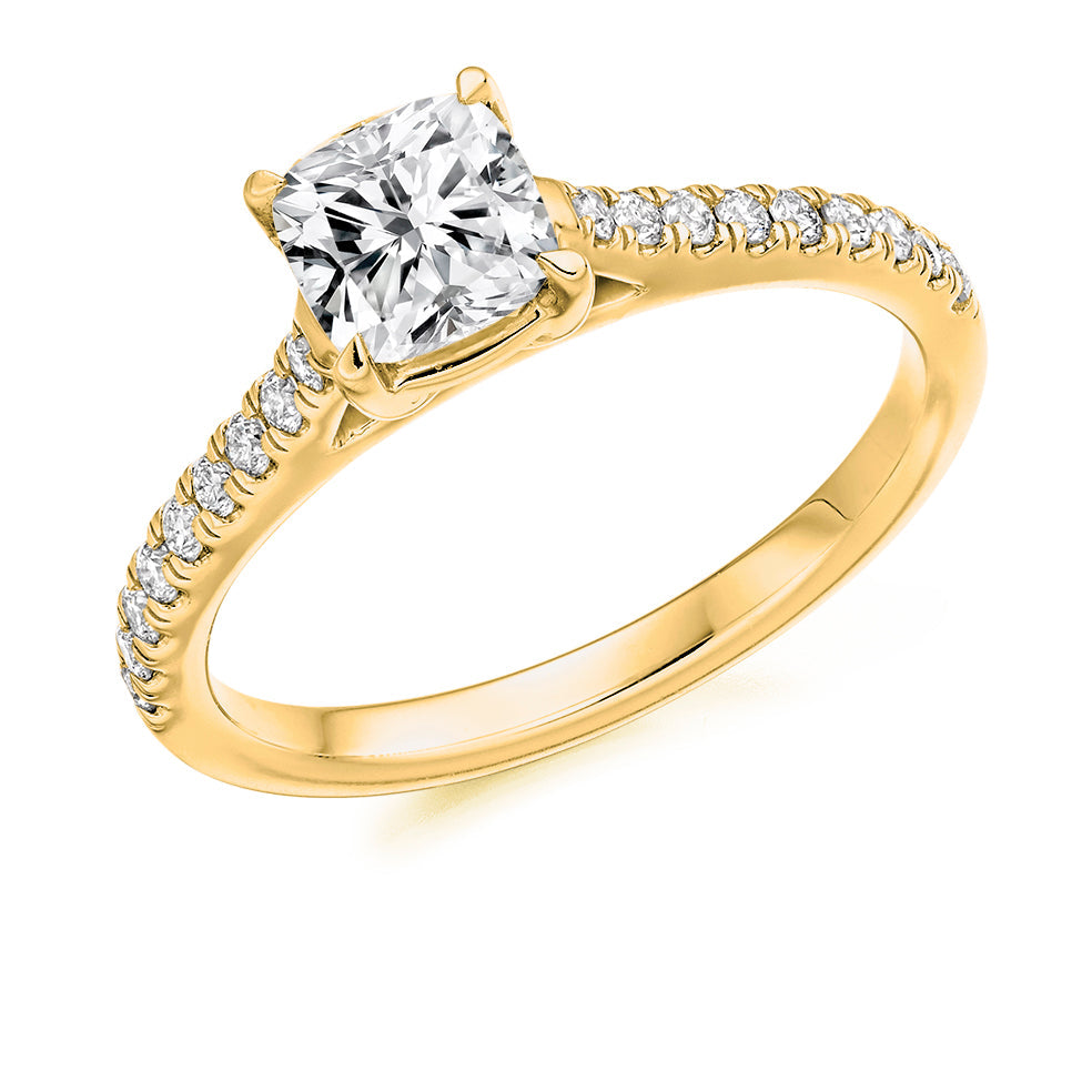 Accent-Shouldered Solitaire Cushion Cut Engagement Ring, 1.0ct in Yellow Gold