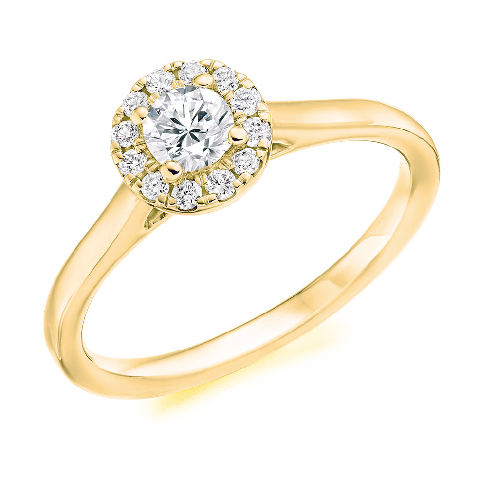 Plain-Shoulder Halo Round-Brilliant Engagement Ring, 0.2ct in Yellow Gold