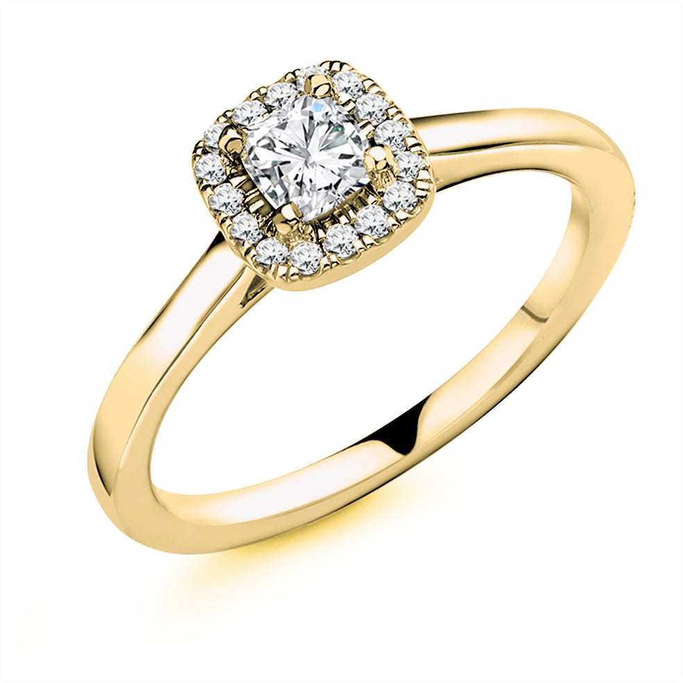 Plain-Shoulder Halo Cushion-Cut Engagement Ring, 0.4ct in Yellow Gold