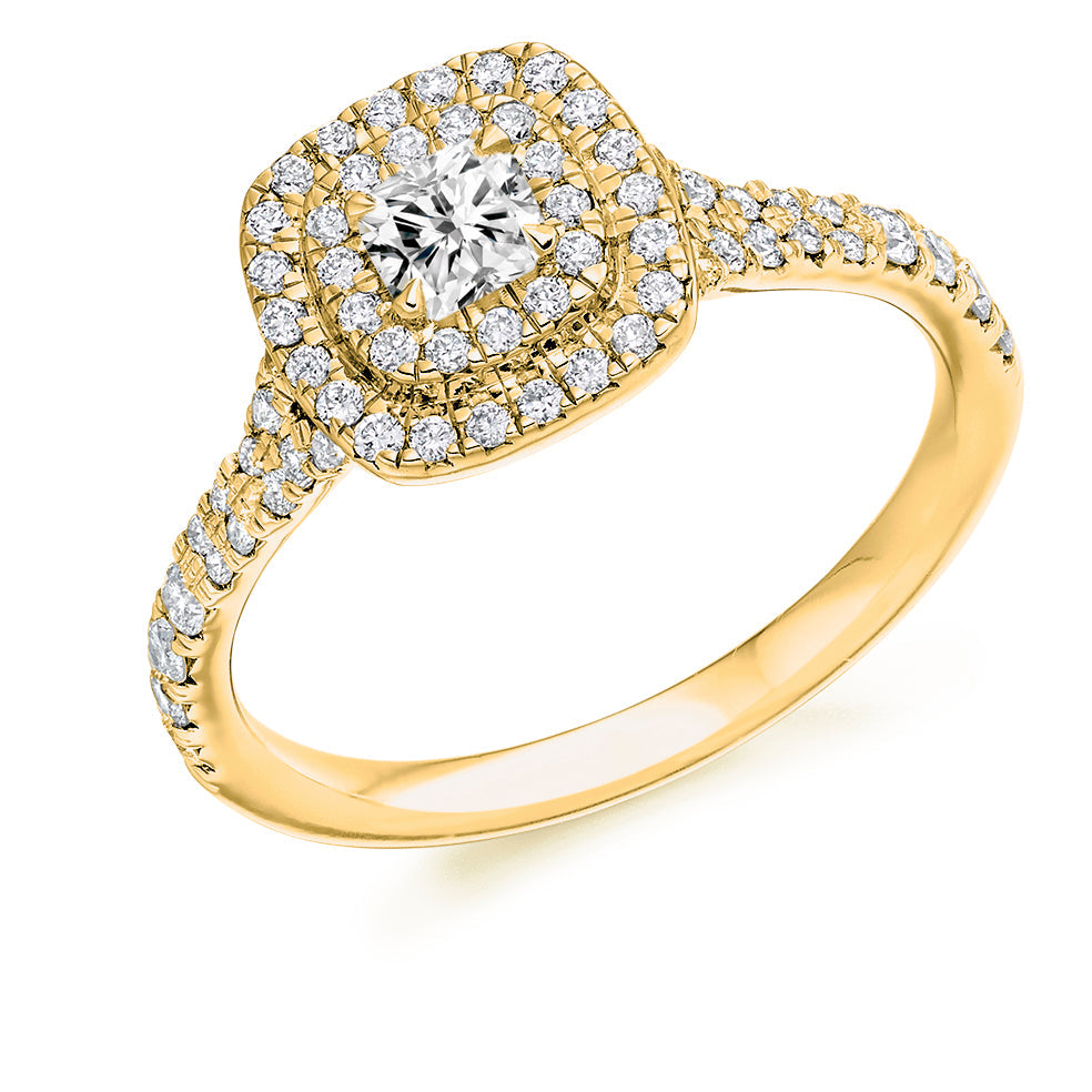 Double-Halo Split-Shoulder Cushion-Cut Engagement Ring, 0.25ct in Yellow Gold