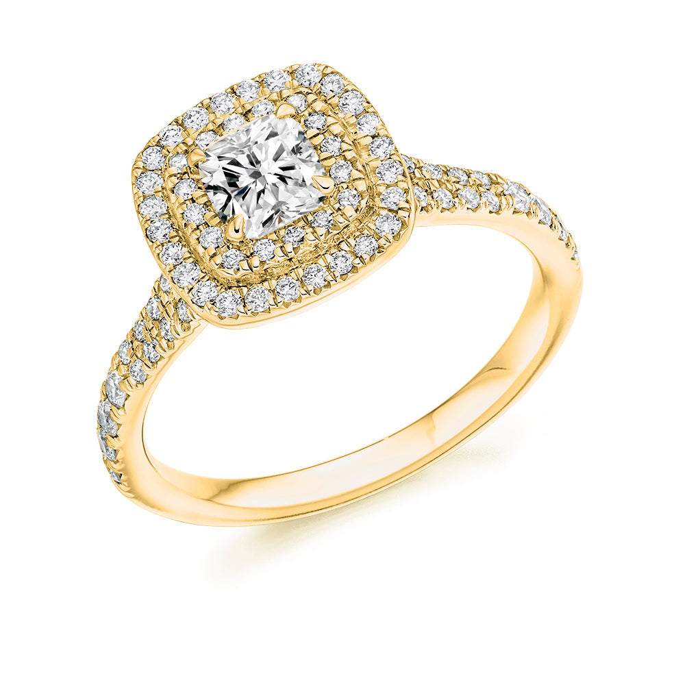 Double-Halo Split-Shoulder Cushion-Cut Engagement Ring, 0.5ct in Yellow Gold