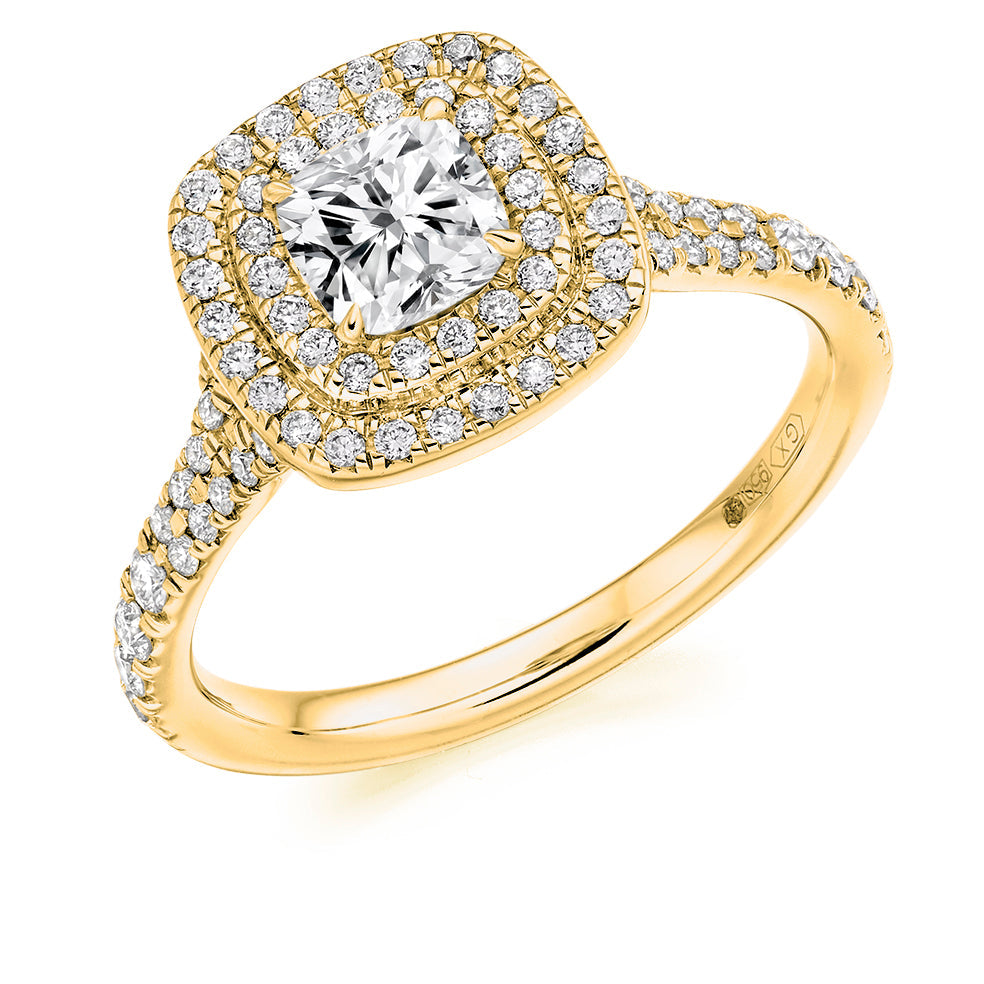 Double-Halo Split-Shoulder Cushion-Cut Engagement Ring, 0.75ct in Yellow Gold