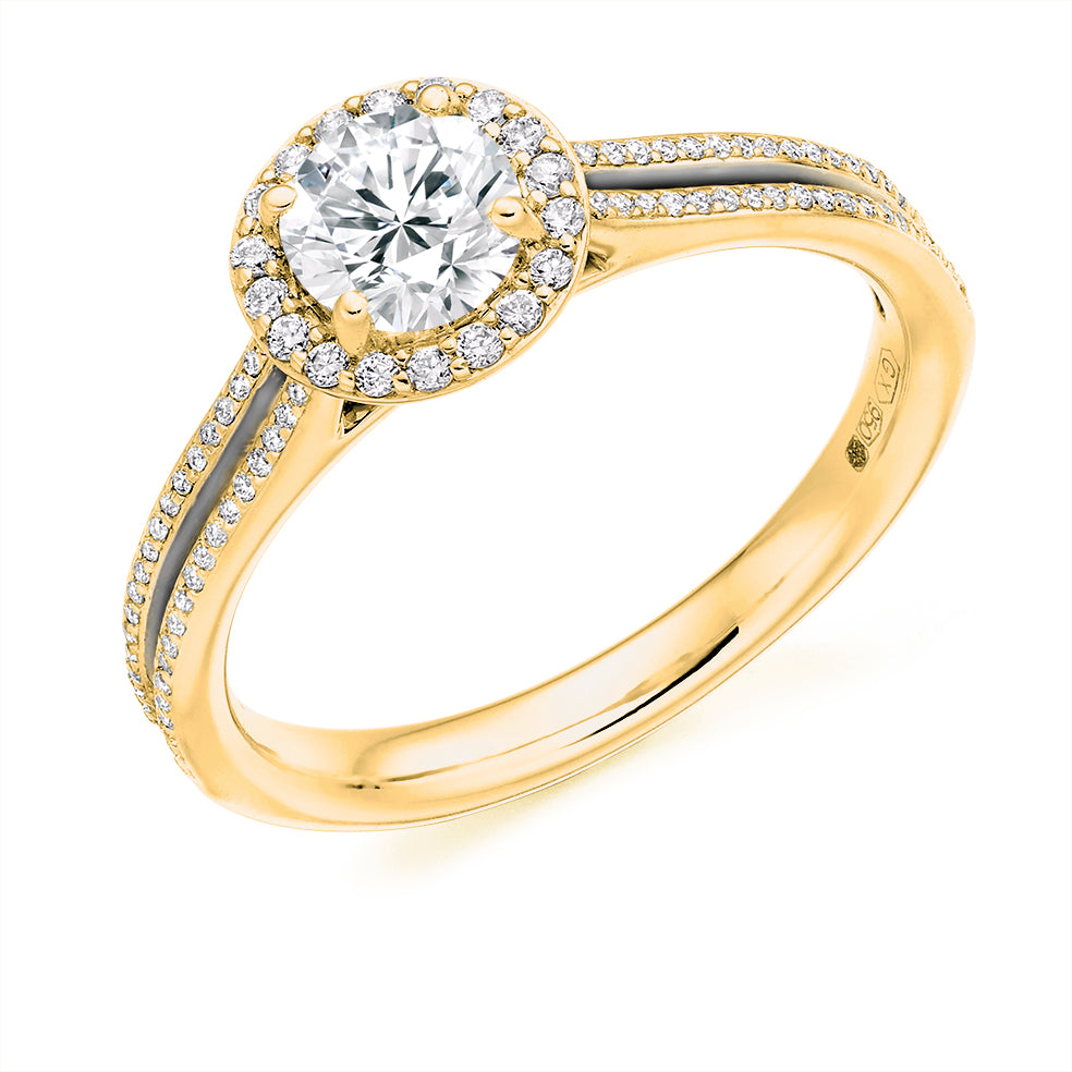 Curved-Shoulder Halo Round Brilliant Engagement Ring 0.75ct in Yellow Gold