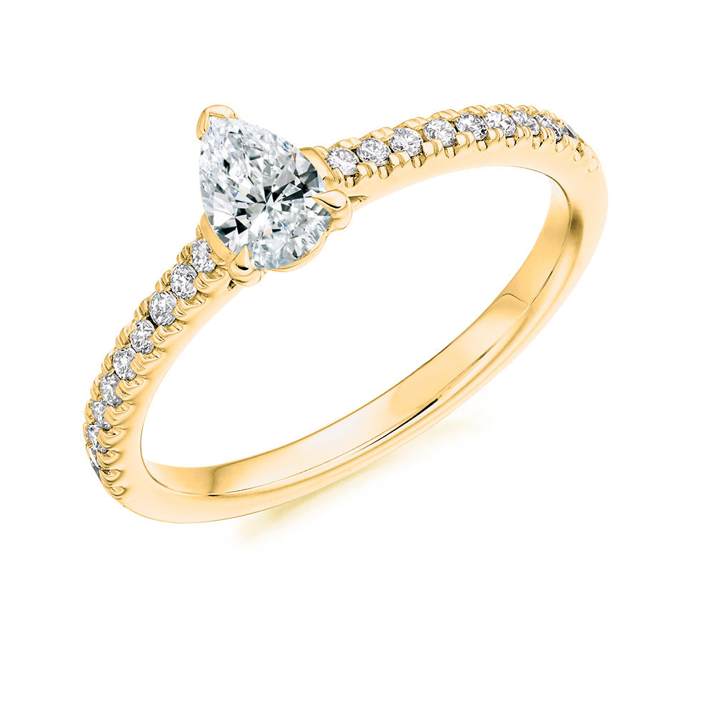 Solitaire with Diamond Shoulders Pear Cut Engagement Ring, 0.33ct in Yellow Gold