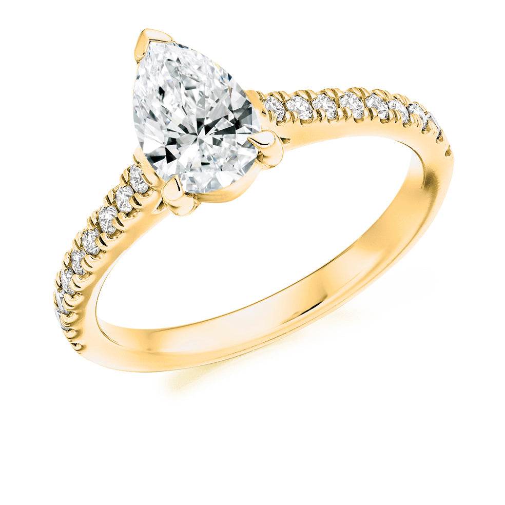 Diamond-Shouldered Solitaire Pear Cut Engagement Ring in Yellow Gold