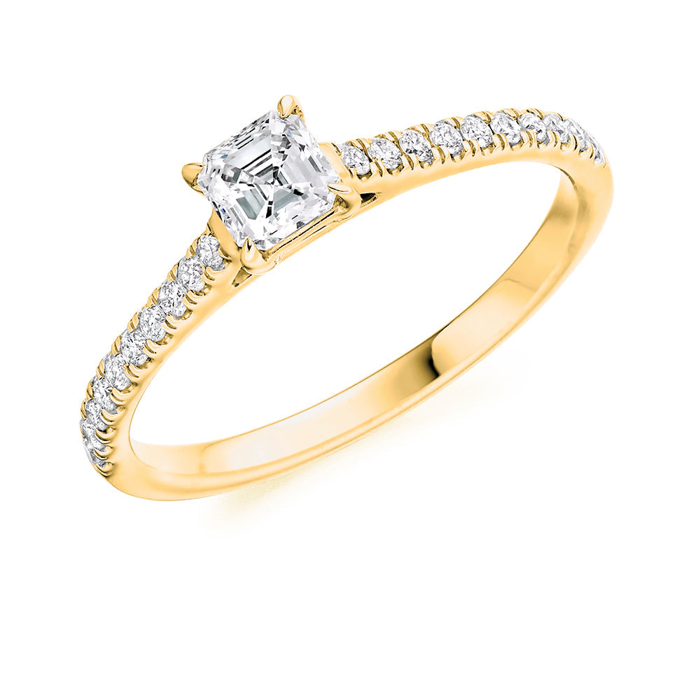 Diamond-Shouldered Solitaire Asscher Cut Engagement Ring in Yellow Gold