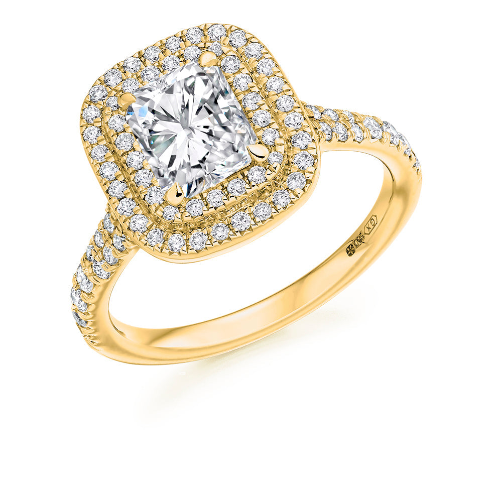 Double-Halo Split-Shoulder Radiant-Cut Engagement Ring, 1.35ct in Yellow Gold
