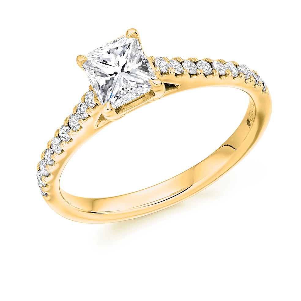 Diamond-Shouldered Solitaire Radiant Cut Engagement Ring in Yellow Gold