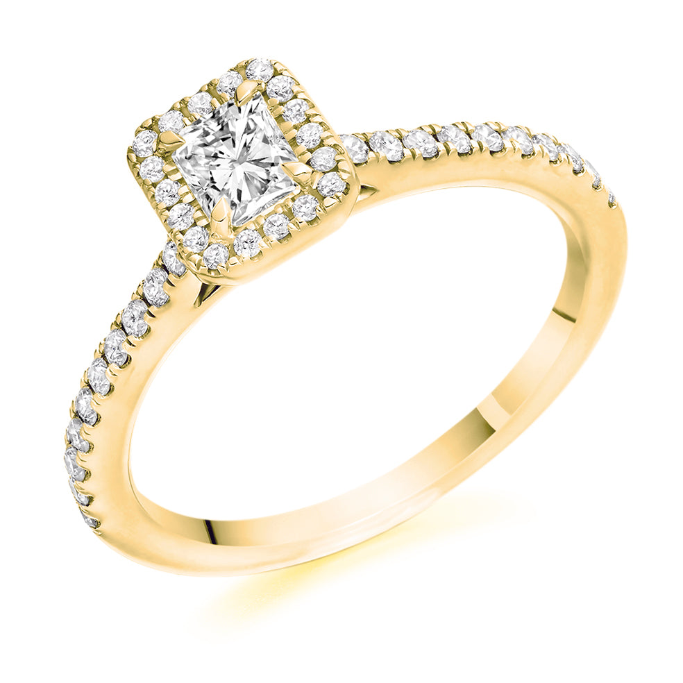 Pavé-Shoulder Halo Radiant-Cut Engagement Ring, 0.33ct in Yellow Gold
