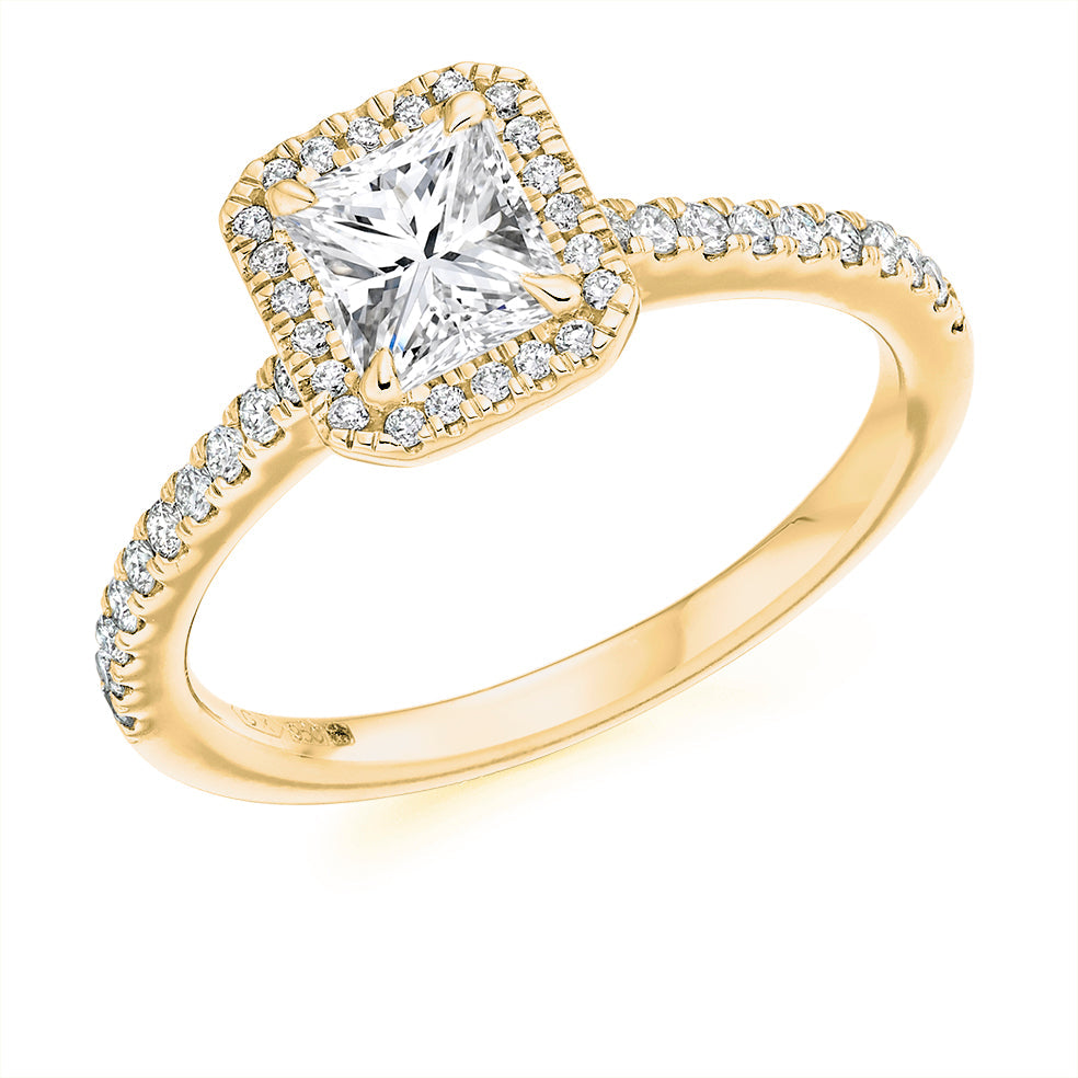Pavé-Shoulder Halo Radiant-Cut Engagement Ring, 0.5ct in Yellow Gold