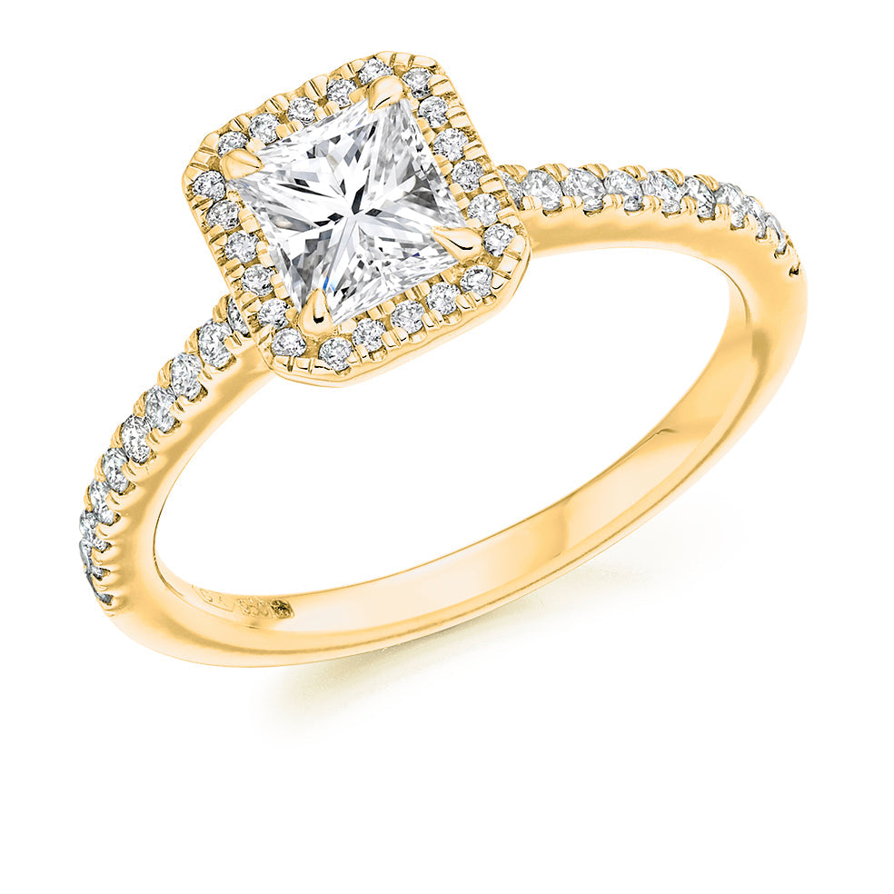 Pavé-Shoulder Halo Radiant-Cut Engagement Ring, 0.7ct in Yellow Gold