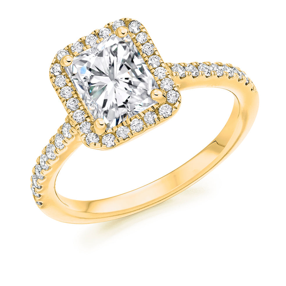 Pavé-Shoulder Halo Radiant-Cut Engagement Ring, 1.5ct in Yellow Gold