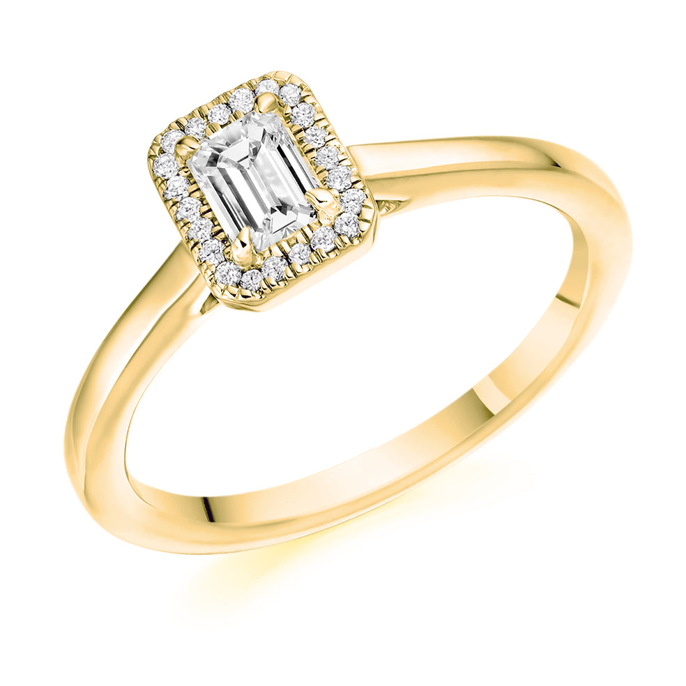 Clean-Shouldered Halo Emerald Cut Engagement Ring, 0.33ct in Yellow Gold