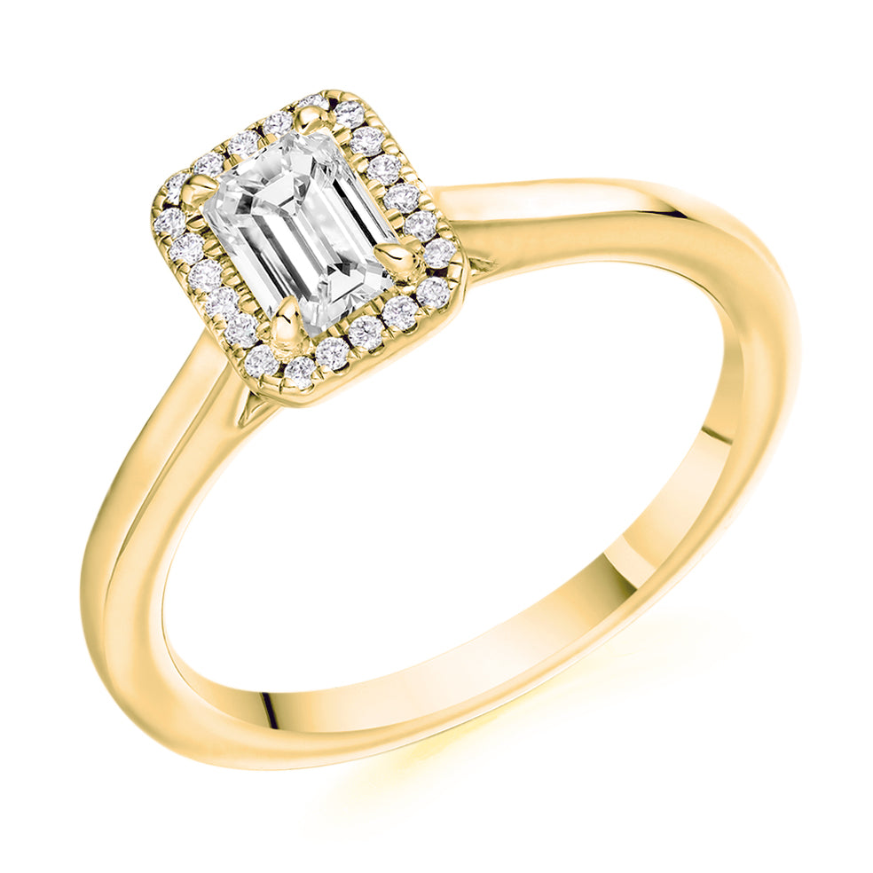 Halo with Plain Shoulders Emerald Cut Engagement Ring, 0.5ct in Yellow Gold