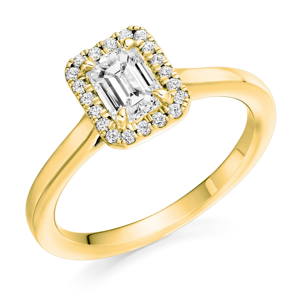 Plain-Band Halo Emerald Cut Engagement Ring, 0.75ct in Yellow Gold
