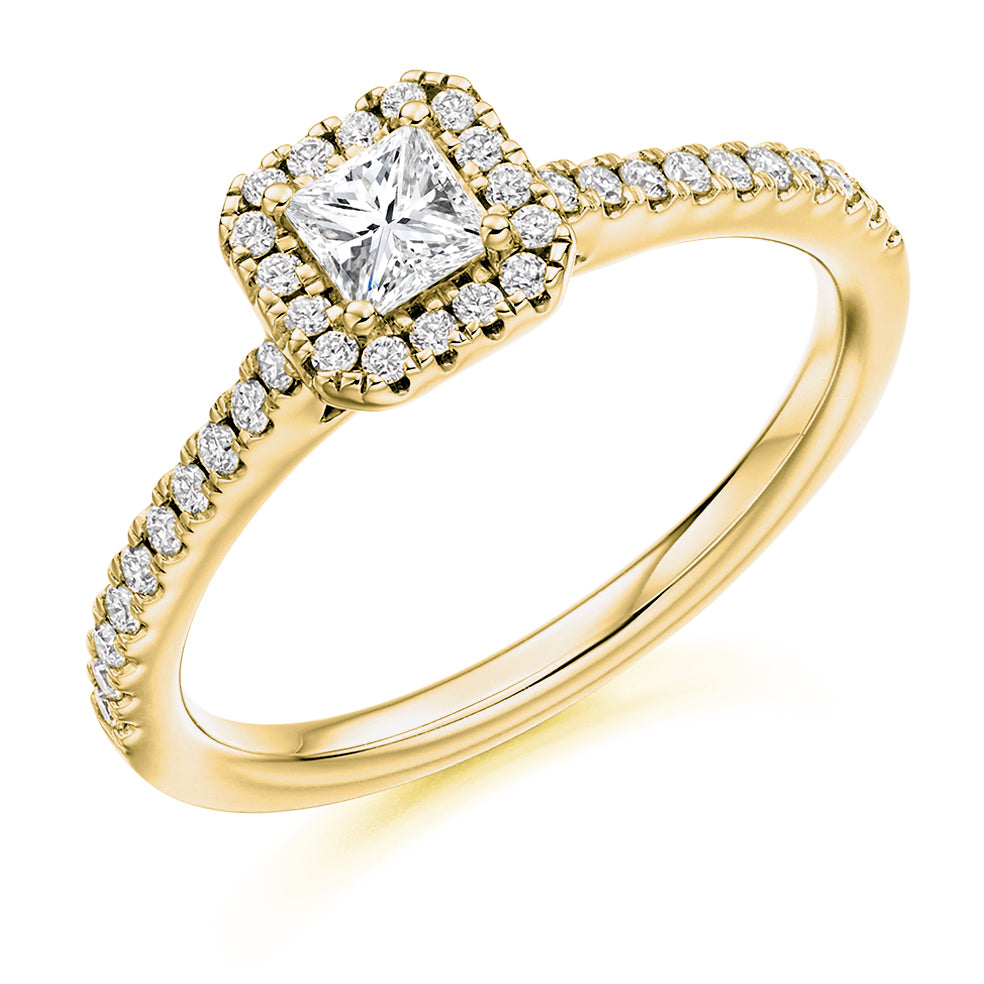 Halo with Diamond Set Shoulders Princess Cut Engagement Ring, 0.40ct in Yellow Gold
