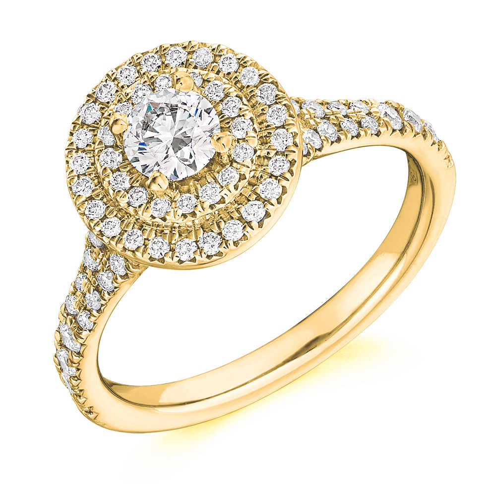 Halo with Diamond Set Shoulders Round Brilliant Engagement Ring, 0.33ct in Yellow Gold