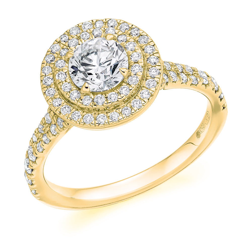 Halo with Diamond Set Shoulders Round Brilliant Engagement Ring, 0.75ct in Yellow Gold